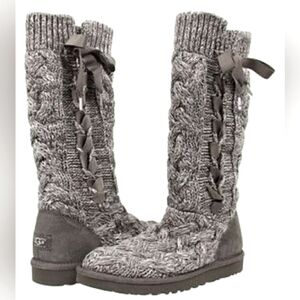 UGG Mahalya Ribbon Tie Heathered Gray Cable Knit Tie Boots Women Size 9